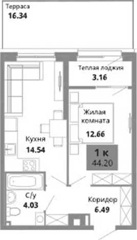 Планировка 1-к.кв, 44,2 м² в ЖК Грин Гарден