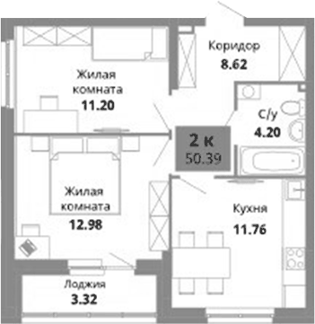 Планировка 2-к.кв, 50,39 м² в ЖК Грин Гарден