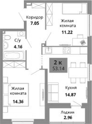 Планировка 2-к.кв, 53,14 м² в ЖК Грин Гарден