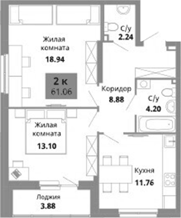 Планировка 2-к.кв, 61,06 м² в ЖК Грин Гарден