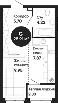 Планировка Студия, 28,91 м² в ЖК Грин Гарден