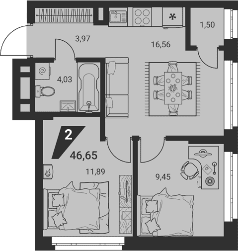 Планировка 3Е-к.кв, 46,65 м² в ЖК Жилые высотки H2O
