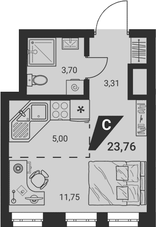 Планировка Студия, 23,76 м² в ЖК Жилые высотки H2O