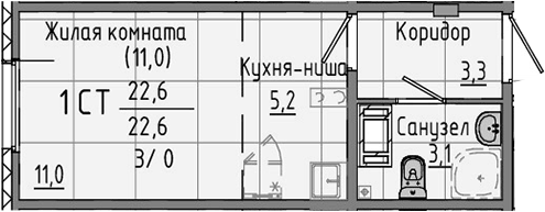 Планировка Студия, 22,6 м² в ЖК Хрустальные ключи