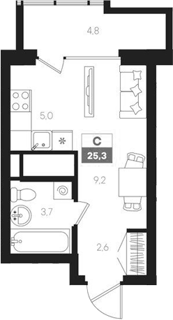 Планировка Студия, 25,3 м² в ЖК Интро