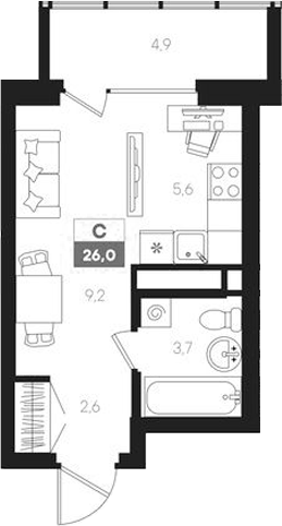 Планировка Студия, 26 м² в ЖК Интро