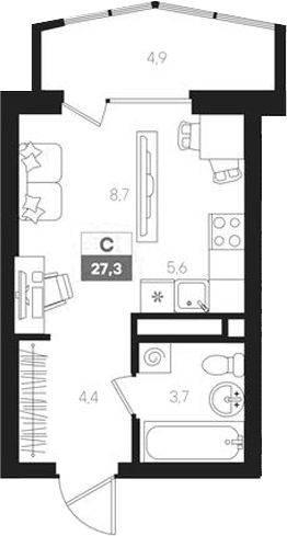 Планировка Студия, 27,3 м² в ЖК Интро
