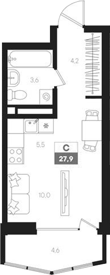 Планировка Студия, 27,9 м² в ЖК Интро