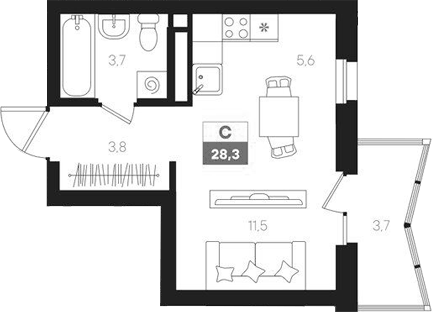 Планировка Студия, 28,3 м² в ЖК Интро