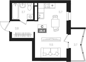 Планировка Студия, 28,4 м² в ЖК Интро