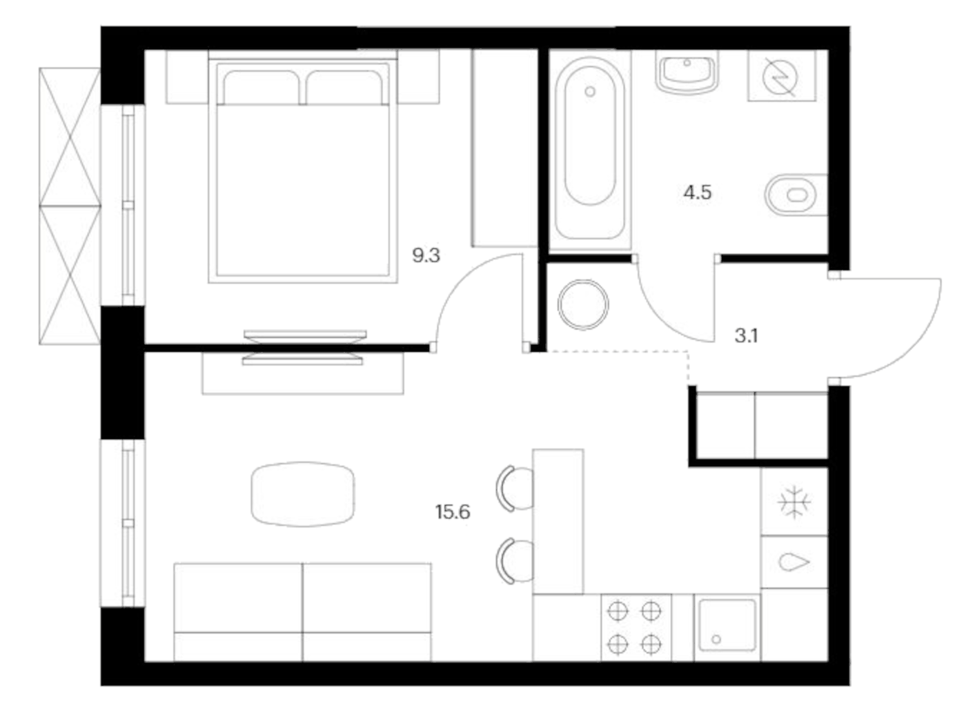 Планировка 1-к.кв, 32.5 м² в ЖК Исеть парк