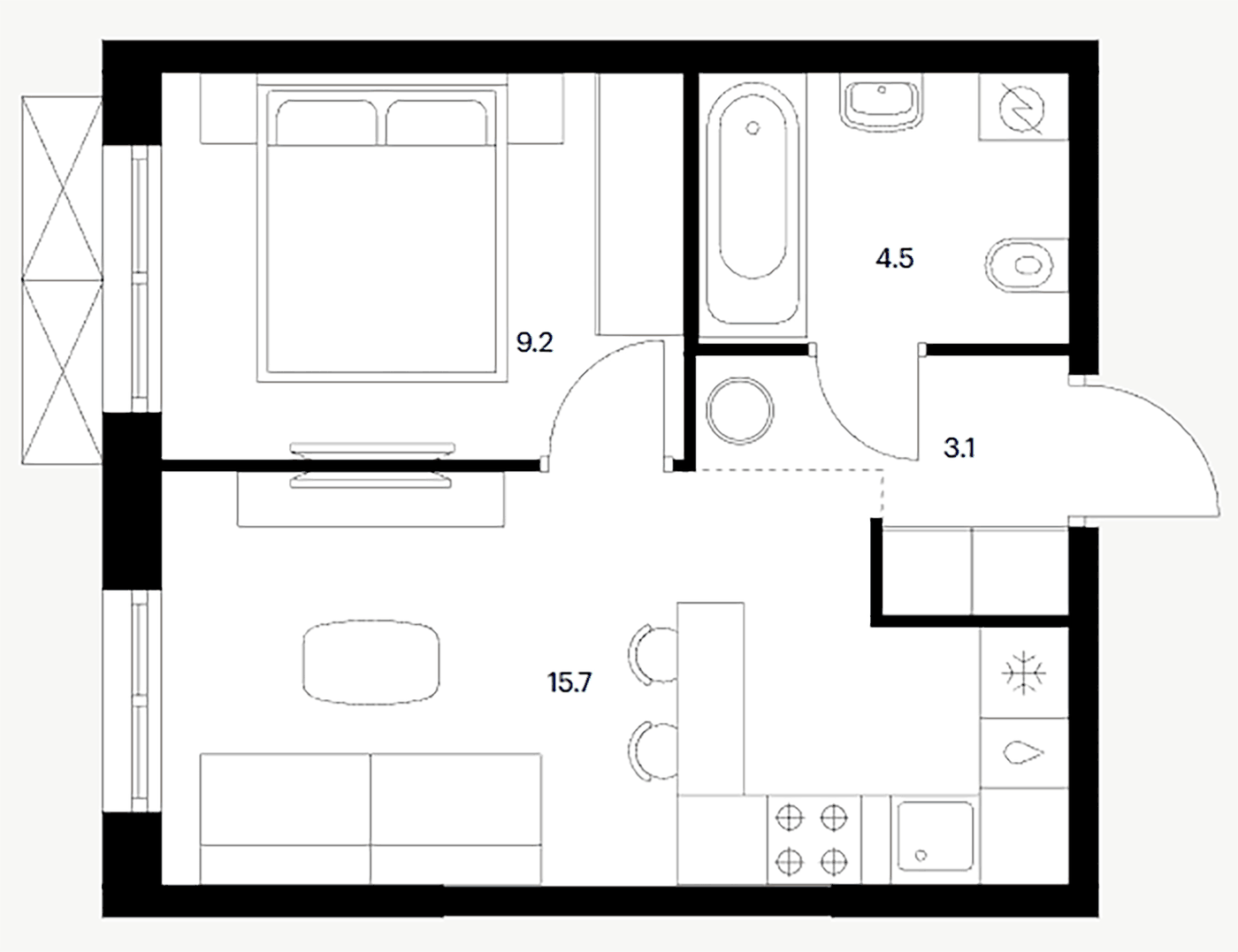 Планировка 1-к.кв, 32.5 м² в ЖК Исеть парк