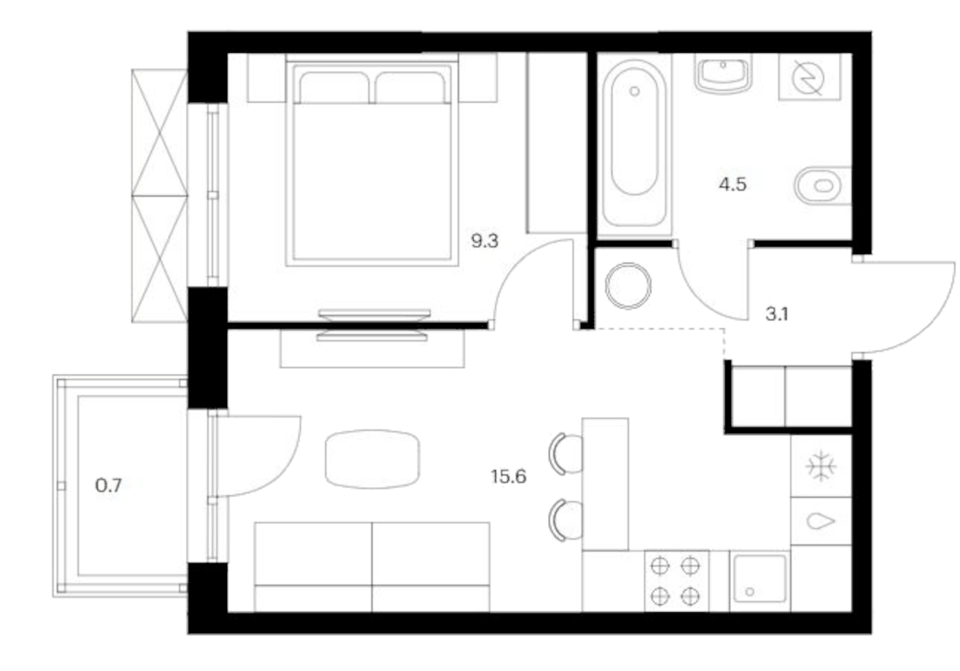 Планировка 1-к.кв, 33.2 м² в ЖК Исеть парк