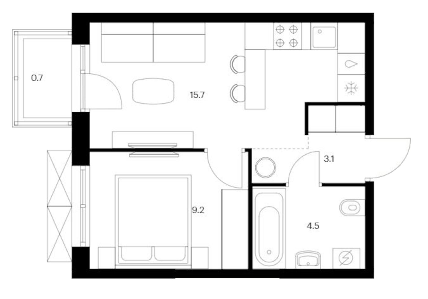Планировка 1-к.кв, 33.2 м² в ЖК Исеть парк