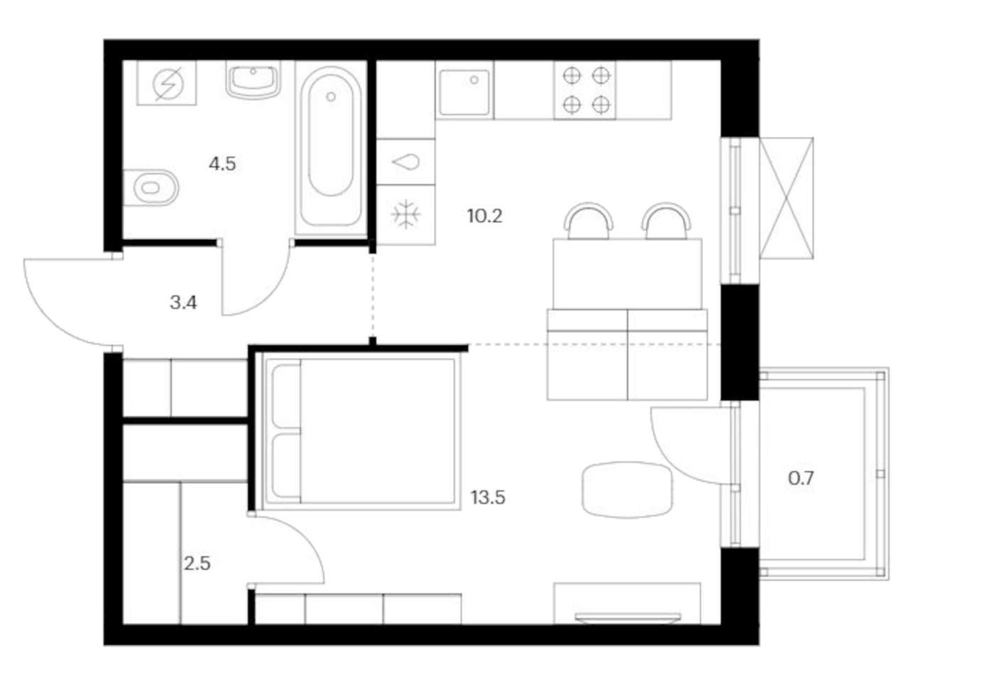 Планировка 1-к.кв, 34.8 м² в ЖК Исеть парк