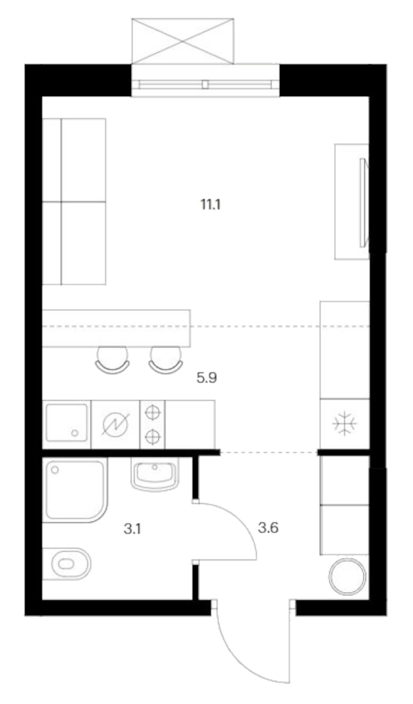 Планировка Студия, 23.7 м² в ЖК Исеть парк