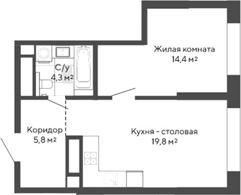 Планировка 1-к.кв, 44,3 м² в ЖК Изумрудный бор 2.0