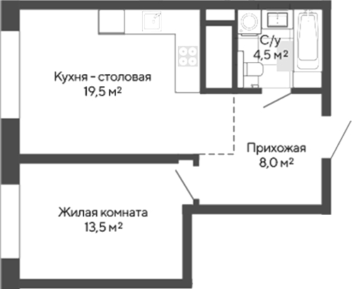 Планировка 1-к.кв, 45,5 м² в ЖК Изумрудный бор 2.0
