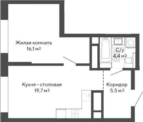 Планировка 1-к.кв, 45,7 м² в ЖК Изумрудный бор 2.0