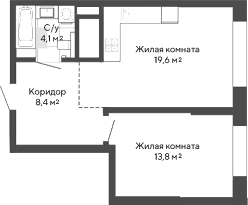 Планировка 1-к.кв, 45,9 м² в ЖК Изумрудный бор 2.0