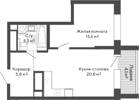 Планировка 1-к.кв, 46,5 м² в ЖК Изумрудный бор 2.0