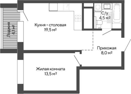 Планировка 1-к.кв, 47,6 м² в ЖК Изумрудный бор 2.0