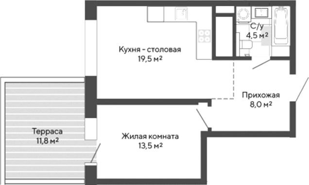 Планировка 1-к.кв, 49 м² в ЖК Изумрудный бор 2.0
