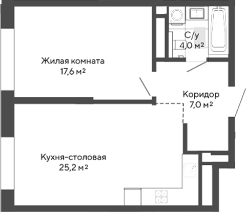 Планировка 1-к.кв, 53,8 м² в ЖК Изумрудный бор 2.0
