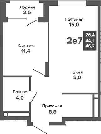 Планировка 2Е-к.кв, 46,63 м² в ЖК Каменные палатки
