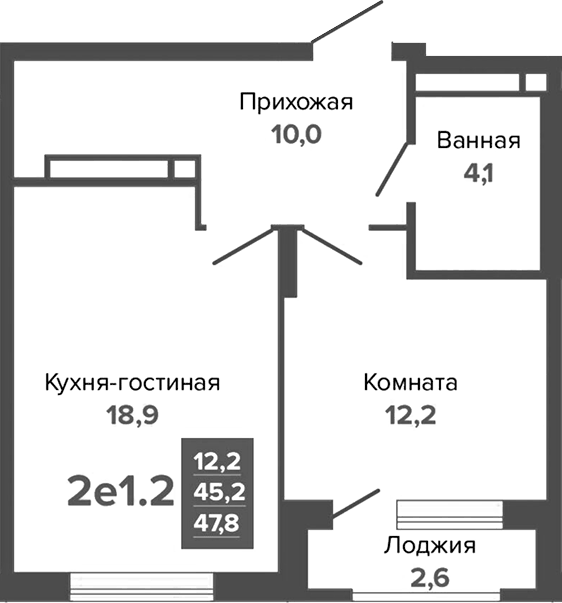 Планировка 2Е-к.кв, 47,77 м² в ЖК Каменные палатки