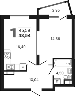 Планировка 2Е-к.кв, 48,07 м² в ЖК Каменные палатки