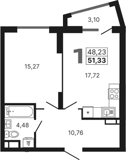 Планировка 2Е-к.кв, 50,67 м² в ЖК Каменные палатки