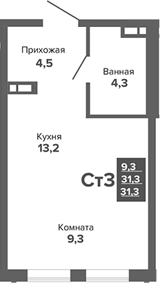 Планировка Студия, 31,34 м² в ЖК Каменные палатки