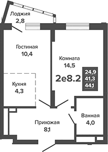 Планировка 2Е-к.кв, 44,12 м² в ЖК Каменные палатки