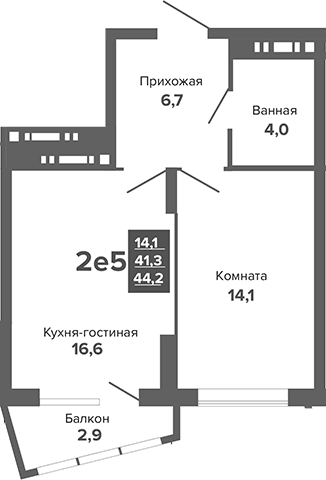 Планировка 2Е-к.кв, 44,2 м² в ЖК Каменные палатки