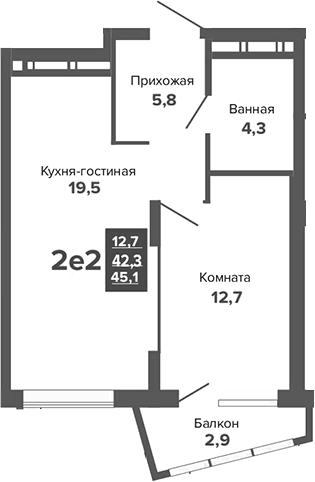 Планировка 2Е-к.кв, 45,12 м² в ЖК Каменные палатки