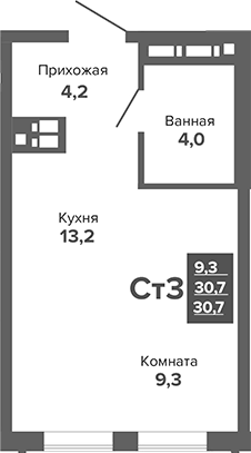 Планировка Студия, 30,6 м² в ЖК Каменные палатки