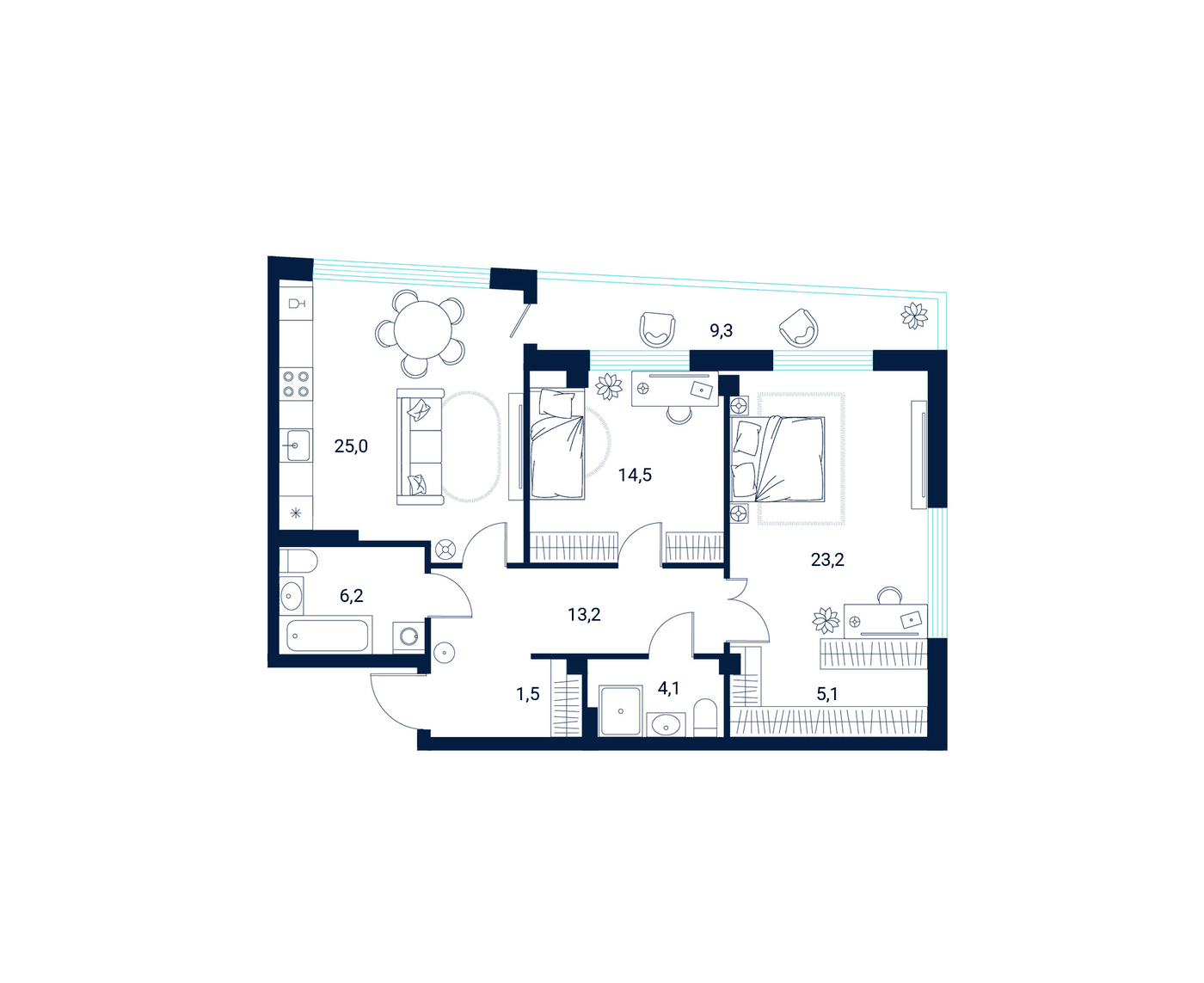 Планировка 2-комнатная, 102,1 м² в ЖК Клубный дом Литературный