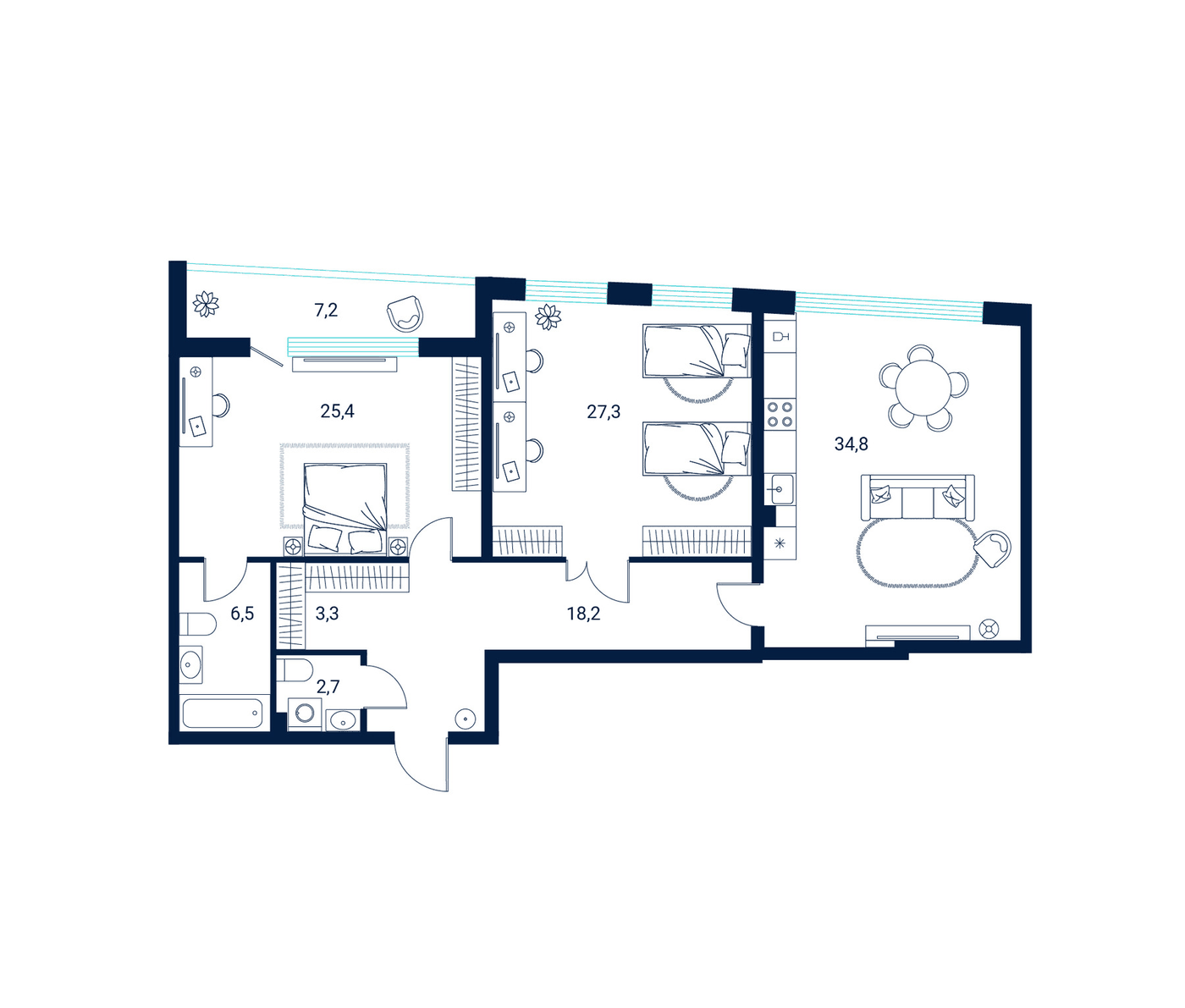 Планировка 2-комнатная, 125,4 м² в ЖК Клубный дом Литературный