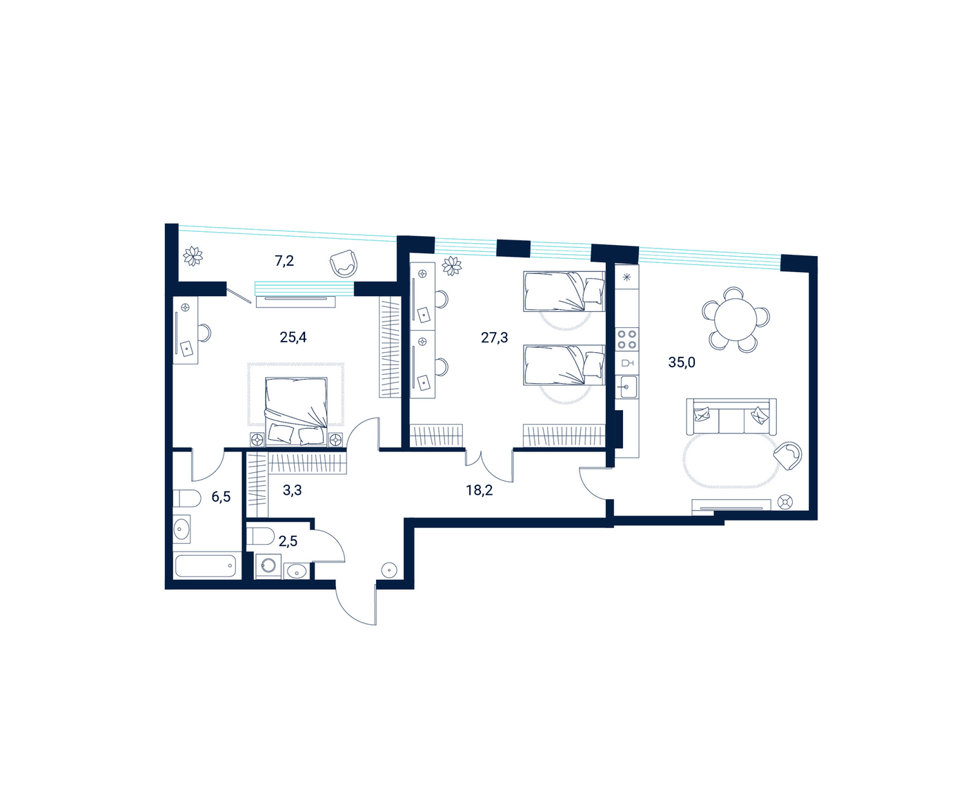 Планировка 2-комнатная, 125,4 м² в ЖК Клубный дом Литературный