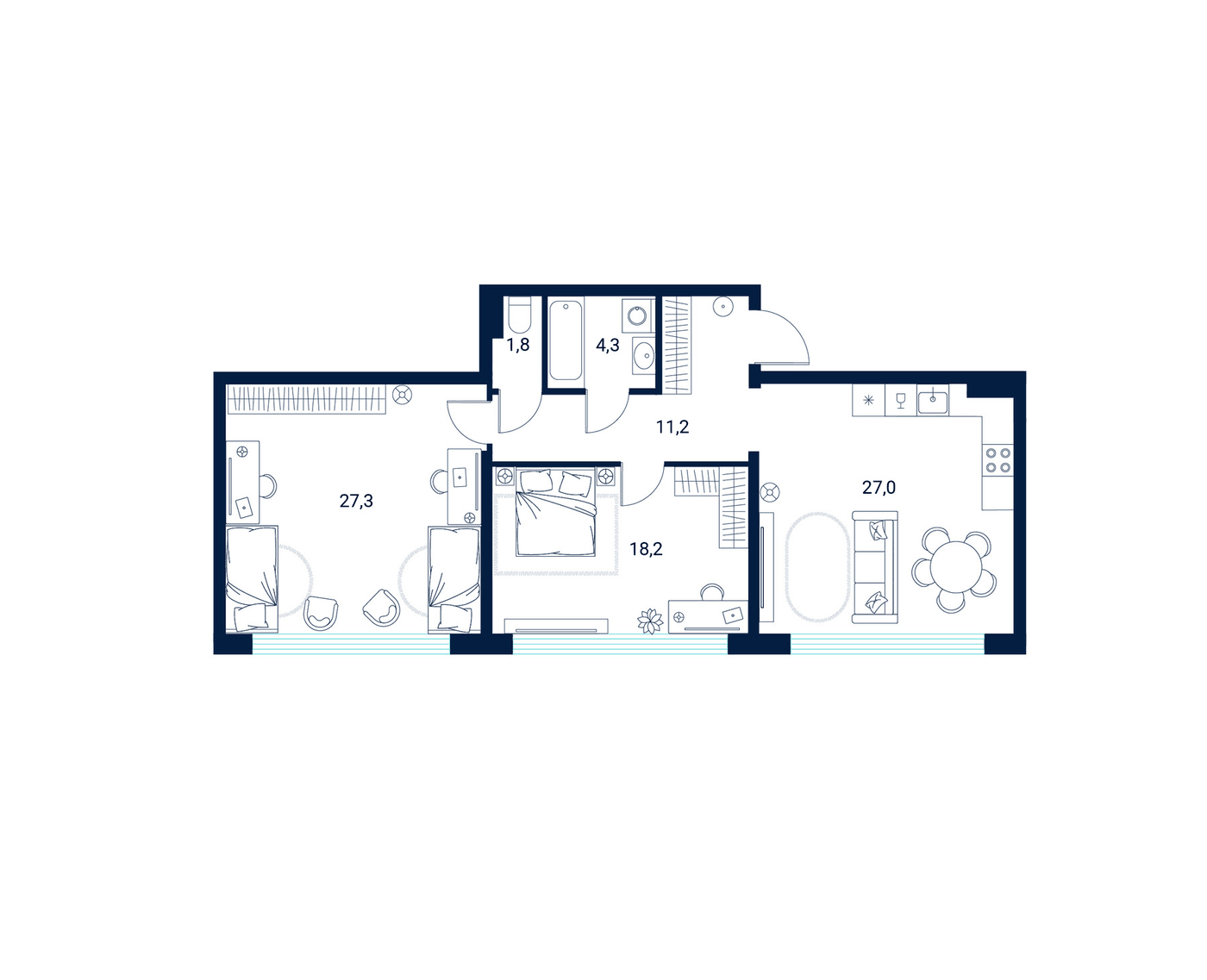 Планировка 2-комнатная, 89,8 м² в ЖК Клубный дом Литературный