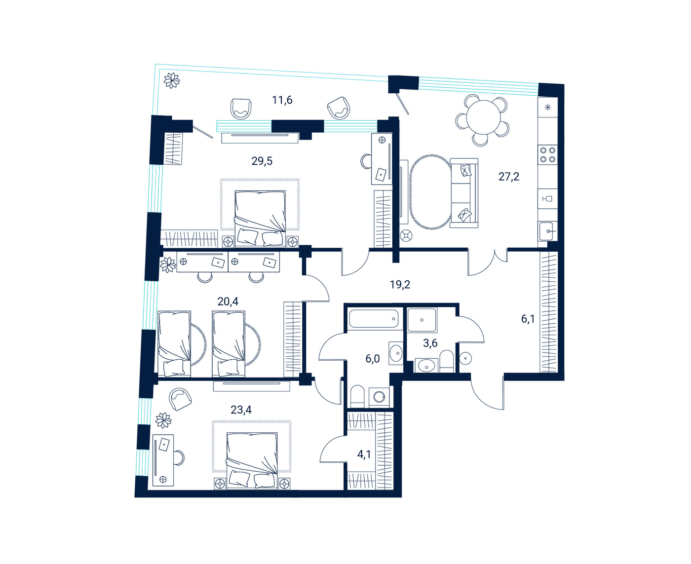 Планировка 3-комнатная, 151,1 м² в ЖК Клубный дом Литературный