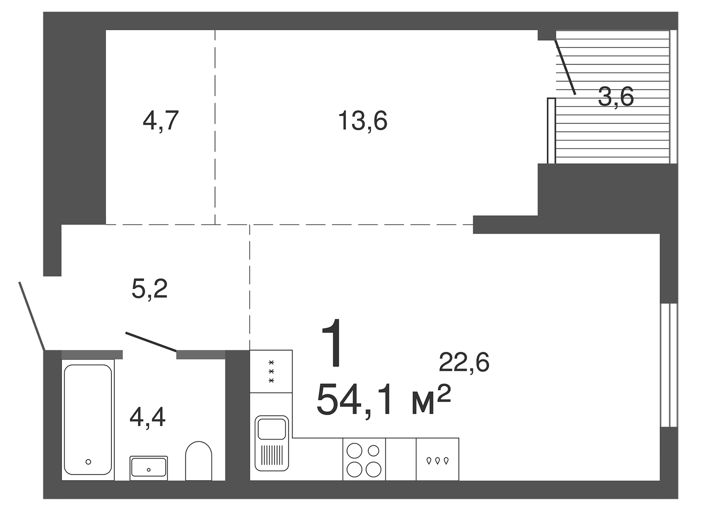 Планировка 1-к.кв, 54,1 м² в ЖК Клубный дом Most (PRINZIP)