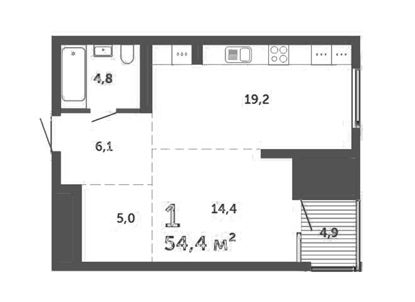 Планировка 1-к.кв, 54,4 м² в ЖК Клубный дом Most (PRINZIP)