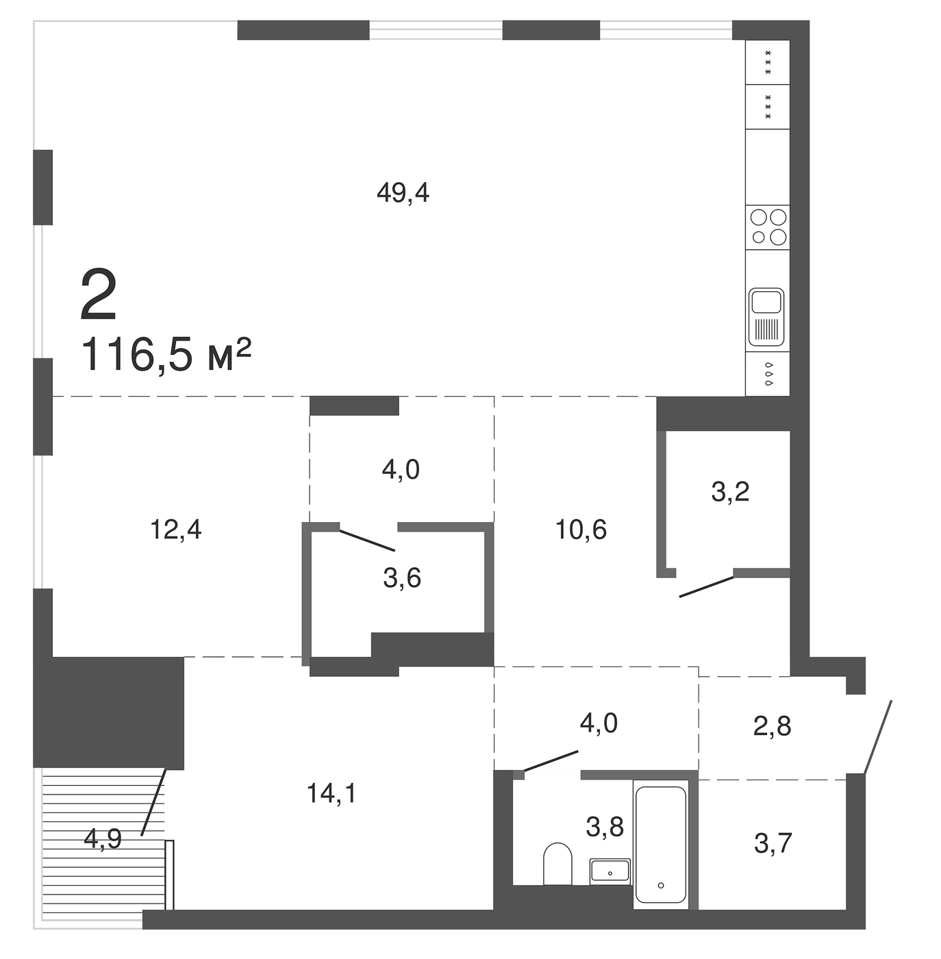 Планировка 2-к.кв, 119 м² в ЖК Клубный дом Most (PRINZIP)