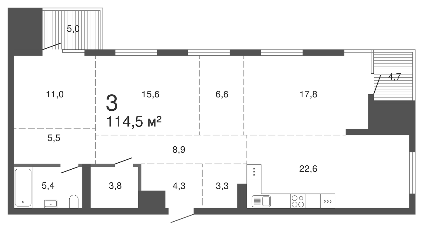 Планировка 3-к.кв, 118,5 м² в ЖК Клубный дом Most (PRINZIP)