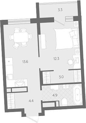 Планировка 1-к.кв, 41,5 м² в ЖК Комсомольский