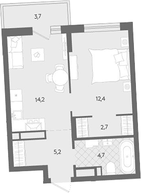 Планировка 1-к.кв, 42,9 м² в ЖК Комсомольский