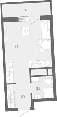 Планировка Студия, 28,9 м² в ЖК Комсомольский