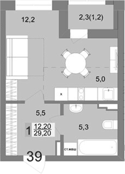 Планировка 1-к.кв, 29,2 м² в ЖК Контрасты